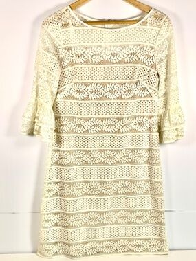 Jessica Howard dress ivory & beige lace/eyelet shift midi ruffle sleeve cocktail